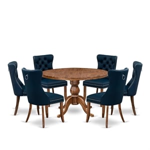 Pemberly Row 7-Piece Dining Table Set in Walnut Finish with Navy Chairs