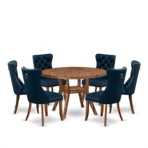 Pemberly Row 7-Piece Dining Set in Walnut Finish with Navy Chairs