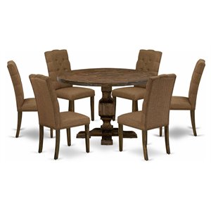 Pemberly Row 7-Piece Dining Set in Distressed Jacobean with Linen Chairs