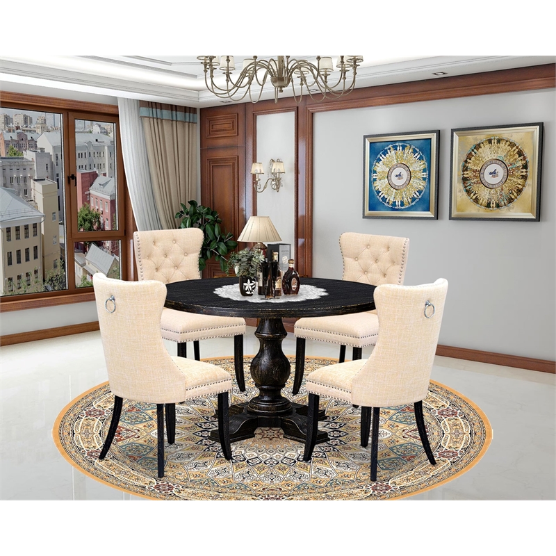 Pemberly Row 5-Piece Acacia Wood Dining Set in Black/Beige Finish