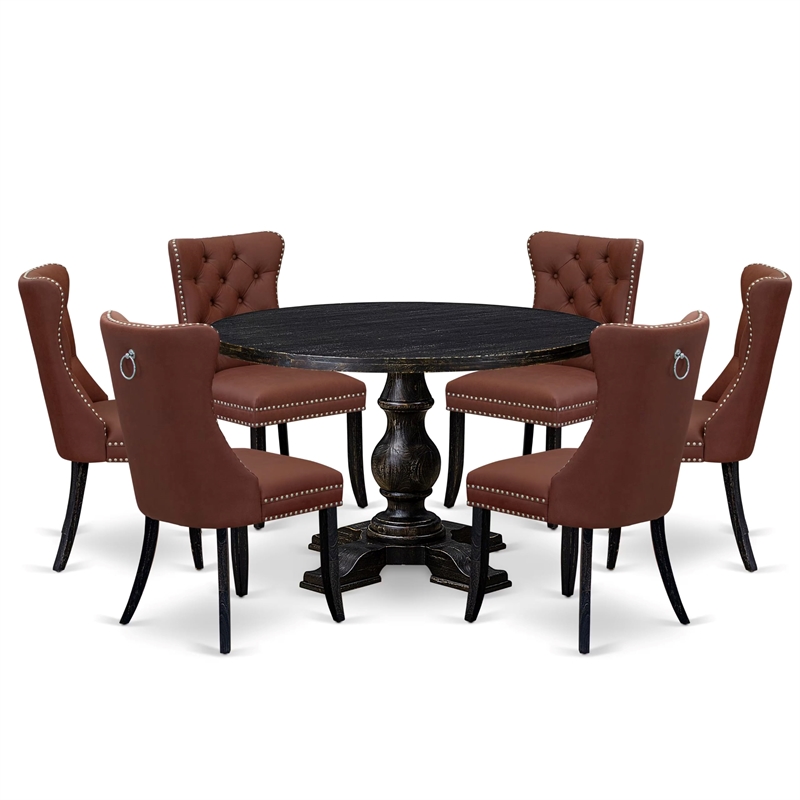 Pemberly Row 7-Piece Round Dining Set in Black with Faux Leather Chairs