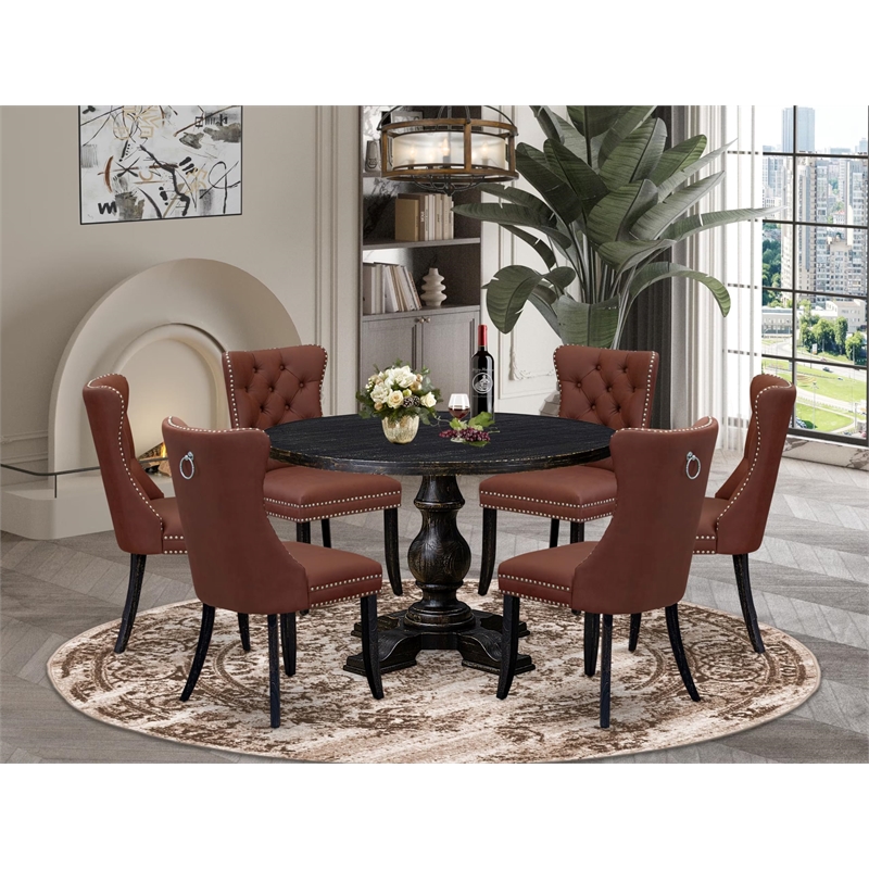 Pemberly Row 7-Piece Round Dining Set in Black with Faux Leather Chairs