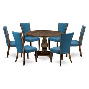 Pemberly Row 7-Piece Wood Dining Set in Distressed Jacobean and Blue