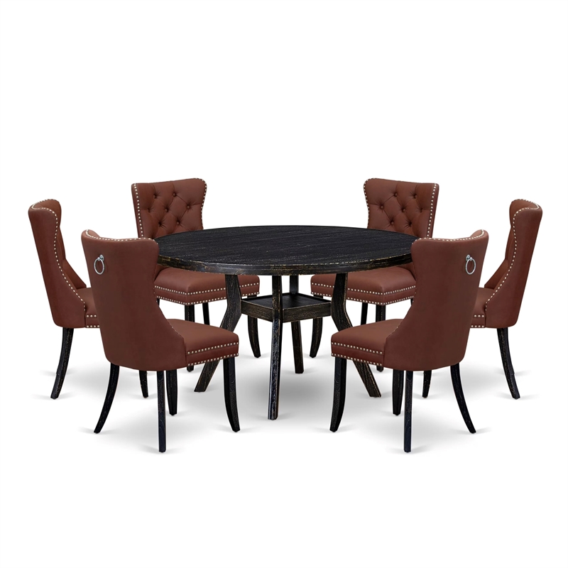 Pemberly Row 7-Piece Round Dinette Set with Black Finish and Faux Leather