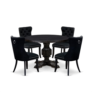 Pemberly Row 5-Piece Round Dining Set with Black Finish and Linen Chairs