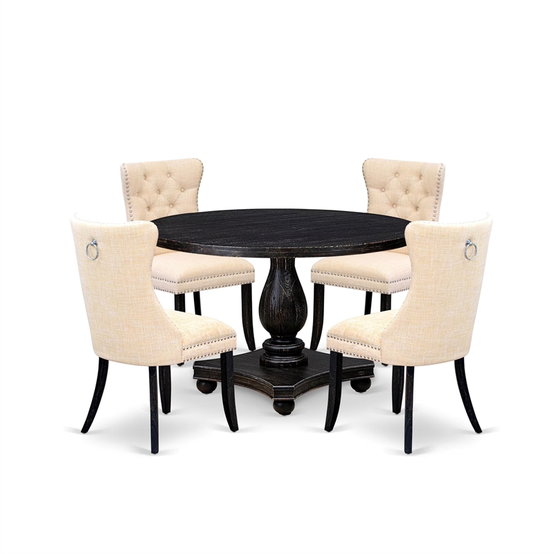 Pemberly Row 5-Piece Black Round Dining Set with Light Beige Chairs