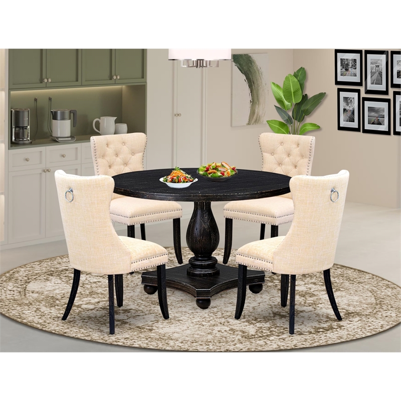 Pemberly Row 5-Piece Black Round Dining Set with Light Beige Chairs