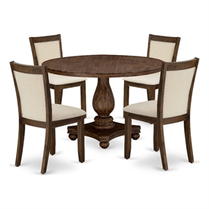 Pemberly Row Round Dining Table Set with Light Beige Linen Chairs