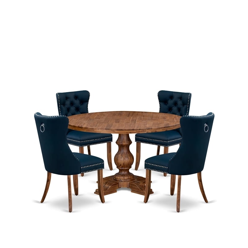 Pemberly Row Walnut Dining Set with Navy Blue Faux Leather Chairs