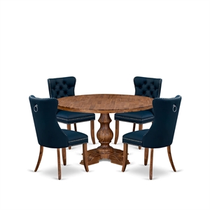 Pemberly Row Walnut Dining Set with Navy Blue Faux Leather Chairs