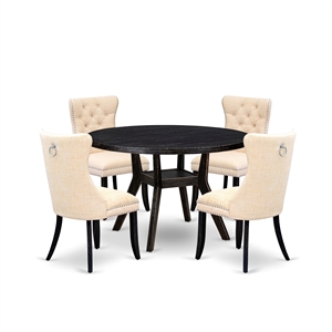 Pemberly Row 5-Piece Black Round Dining Set with Beige Linen Chairs