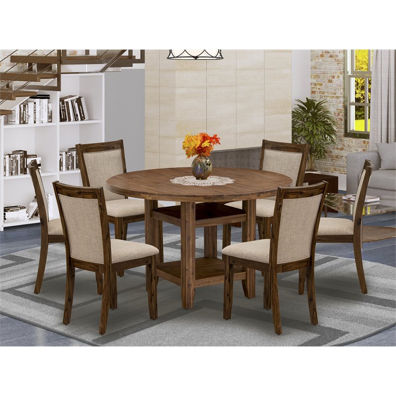 Pemberly Row 7-Piece Dining Set in Antique Walnut and Light Tan Upholstery
