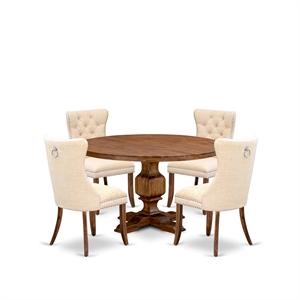 Pemberly Row 5-Piece Dining Set with Walnut Table and Beige Linen Chairs
