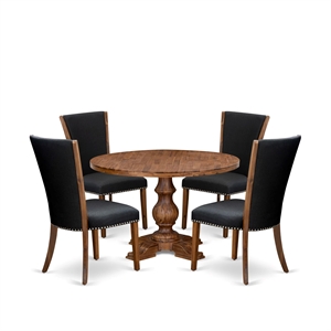 Pemberly Row 5-Piece Round Dinette Set in Walnut Finish with Linen Chairs