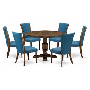 Pemberly Row 7-Piece Dining Set with Distressed Jacobean & Blue Chairs