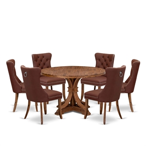 Pemberly Row 7-Piece Dining Set with Walnut Wood Table & Burgundy Chairs