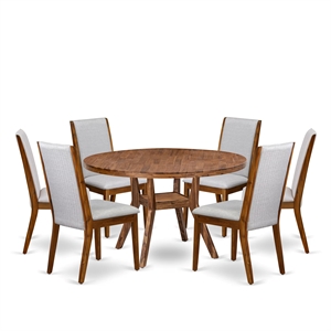Pemberly Row 7-Piece Round Dining Set Rubberwood Gray Linen Walnut