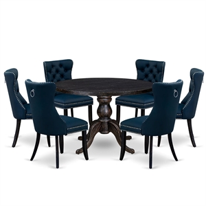 Pemberly Row 7-Piece Round Black Dining Set with Navy Upholstered Chairs
