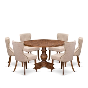 Pemberly Row 7-Piece Round Kitchen Dining Set in Walnut Finish with Linen