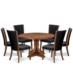 Pemberly Row 7-Piece Round Dining Set in Walnut Finish with Linen Chairs