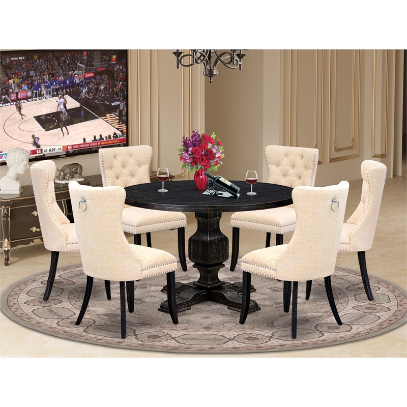 Pemberly Row 7-Piece Acacia Wood Dining Set with Sand-Blasted Black Finish