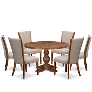 Pemberly Row 7-Piece Round Dining Set in Walnut Finish with Linen Chairs