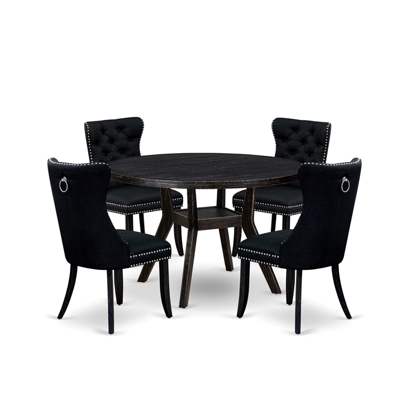 Pemberly Row 5-Piece Black Wood Dining Set with Linen Fabric Chairs