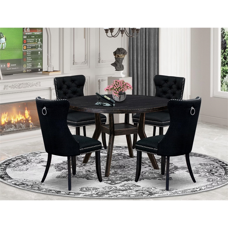Pemberly Row 5-Piece Black Wood Dining Set with Linen Fabric Chairs