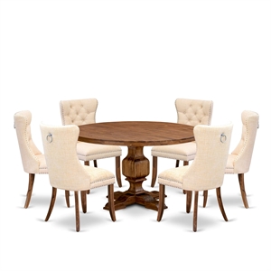 Pemberly Row 7-Piece Kitchen Dining Table Set in Walnut and Beige Linen