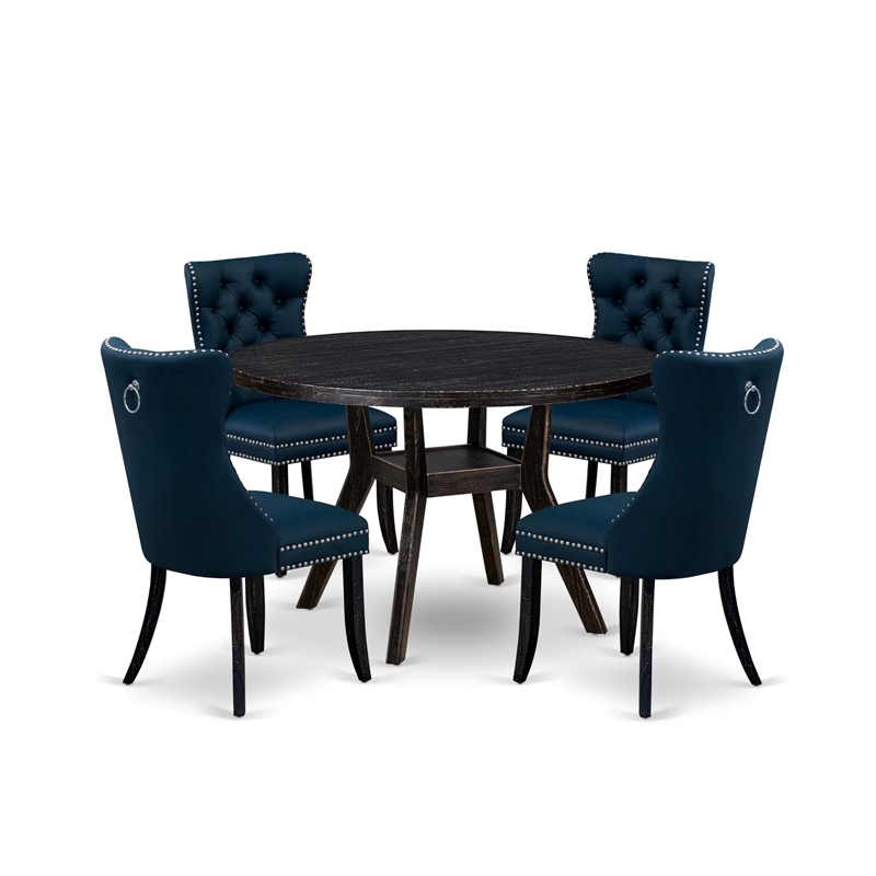 Pemberly Row 5-Piece Round Dining Set in Black and Navy Blue Faux Leather