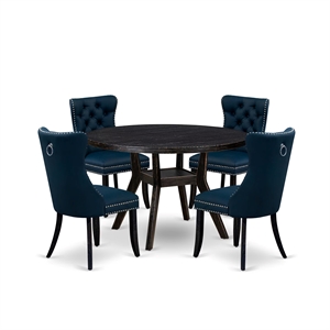 Pemberly Row 5-Piece Round Dining Set in Black and Navy Blue Faux Leather