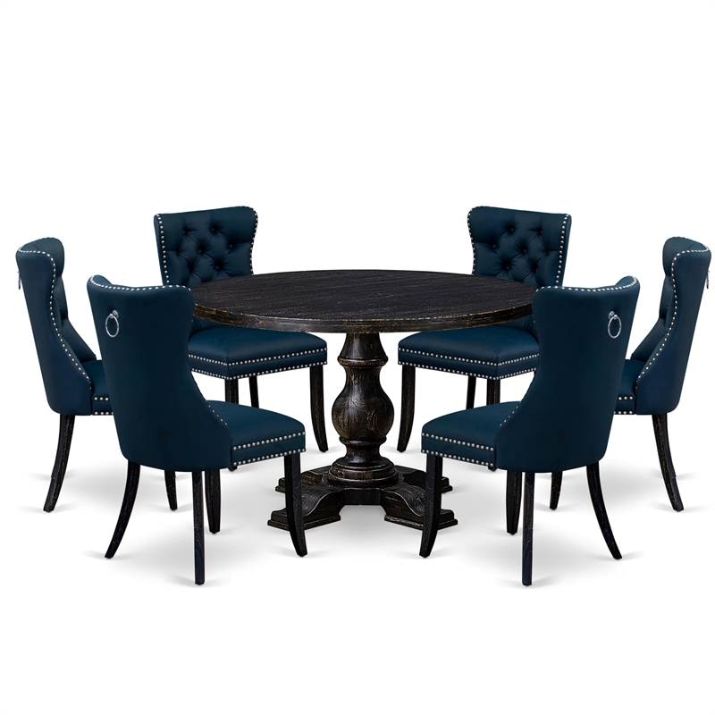 Pemberly Row 7-Piece Round Wood Dining Set with Upholstered Chairs in Black