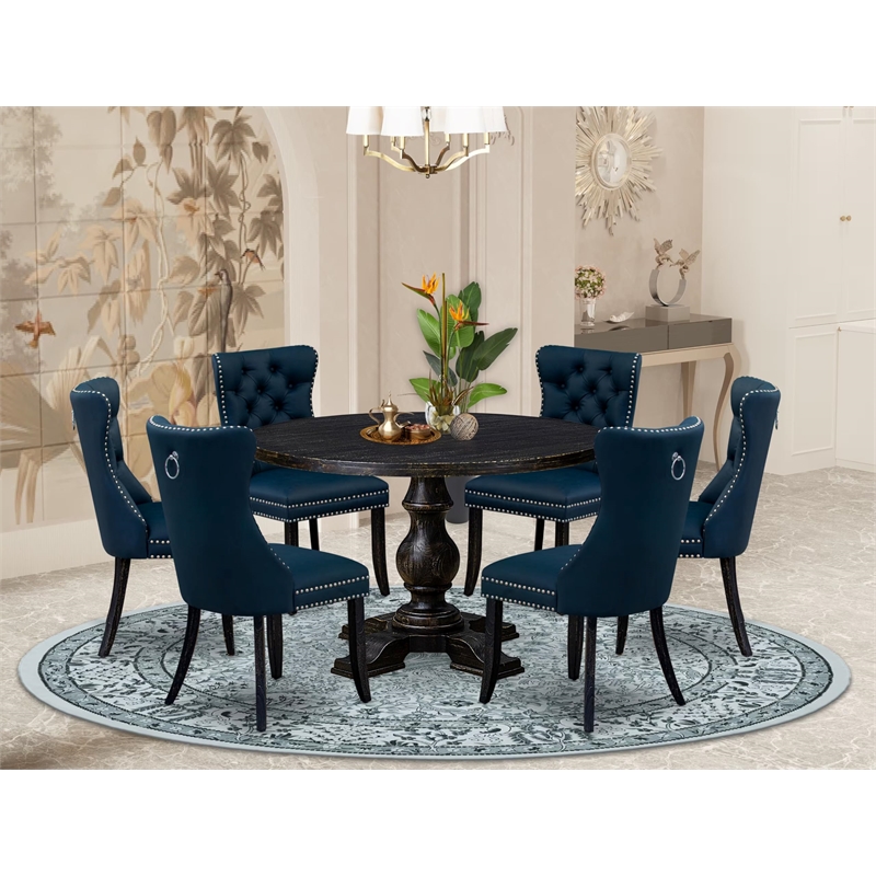 Pemberly Row 7-Piece Round Wood Dining Set with Upholstered Chairs in Black