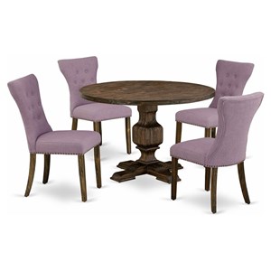 Pemberly Row 5-Piece Dining Set in Jacobean Oak with Purple Linen