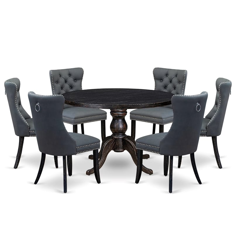 Pemberly Row 7-Piece Acacia Dining Set with Faux Leather in Black Finish