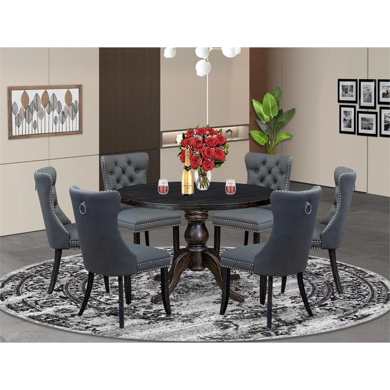 Pemberly Row 7-Piece Acacia Dining Set with Faux Leather in Black Finish