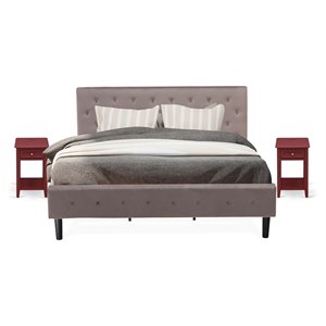 Pemberly Row 3-Piece King Platform Bedroom Set Wood and Velvet in Burgundy