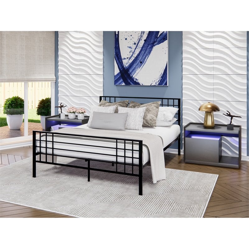 Pemberly Row Metal Full Bed Frame in Black Finish with Slats and Headboard
