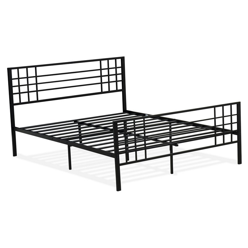 Pemberly Row Metal Full Bed Frame in Black Finish with Slats and Headboard