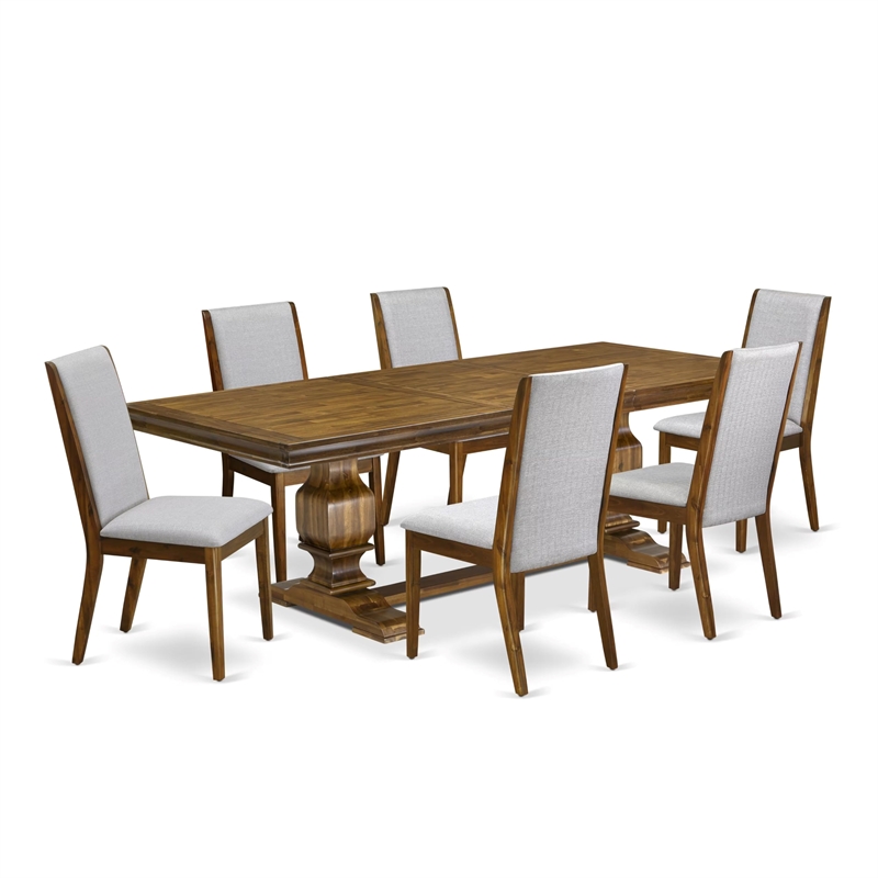 Pemberly Row 7-Piece Dining Room Set Walnut Acacia Wood Grey Upholstery