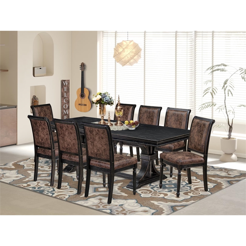 Pemberly Row 9-Piece Dining Set with PU Leather Chairs in Black Finish
