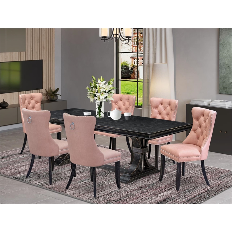 Pemberly Row 7-Piece Dining Table Set with Acacia Wood in Black Finish