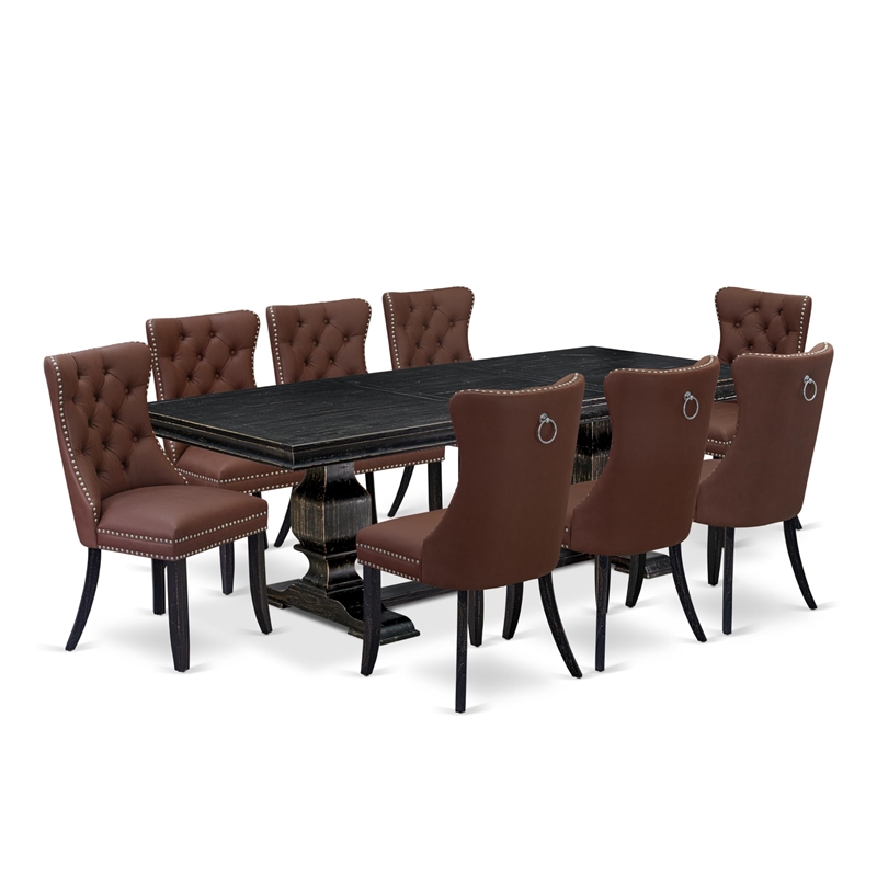 Pemberly Row 9-Piece Black Dining Set with Faux Leather and Pedestal Table