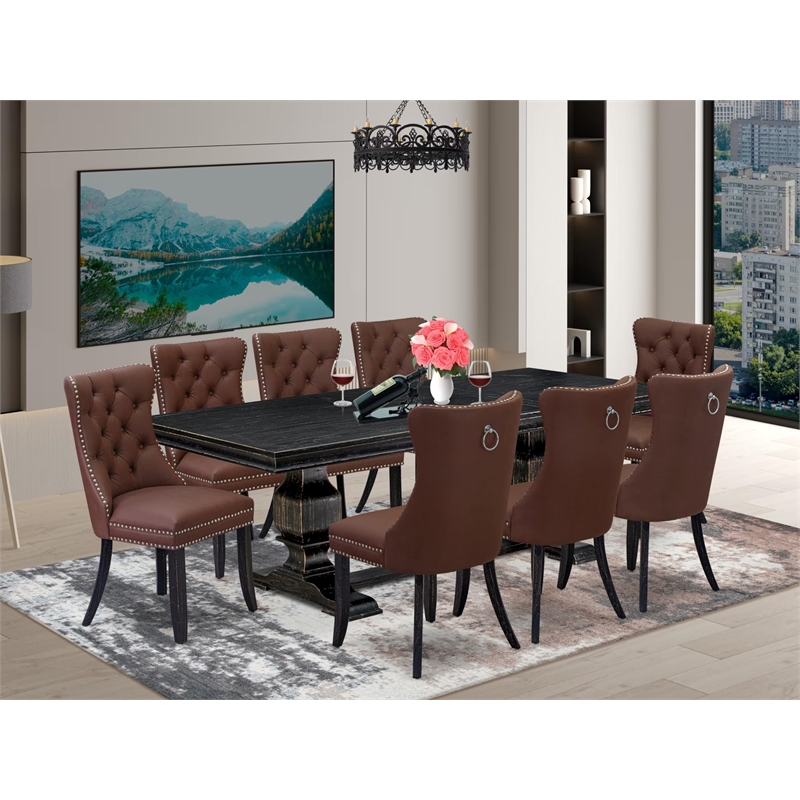 Pemberly Row 9-Piece Black Dining Set with Faux Leather and Pedestal Table