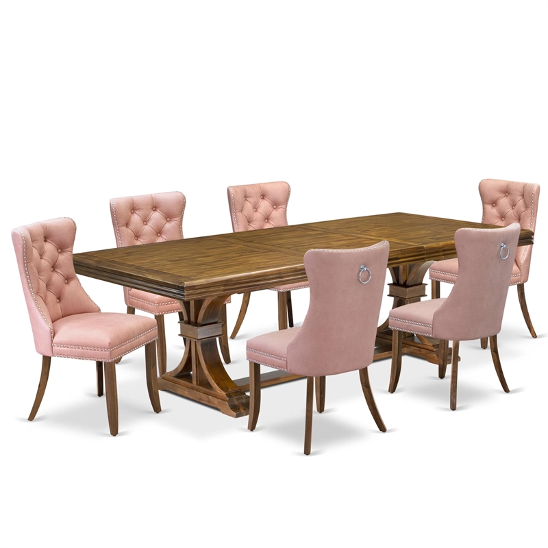 Pemberly Row 7-Piece Wooden Kitchen Set with Faux Leather Chairs in Walnut