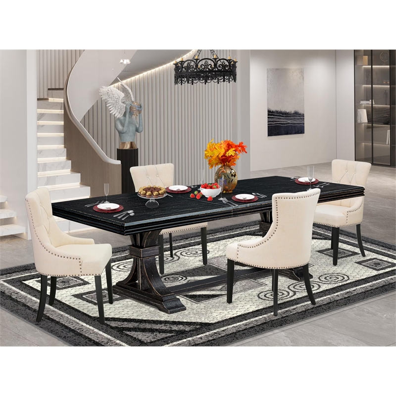 Pemberly Row 5-Piece Black Dining Set with Acacia Wood and Linen Seats