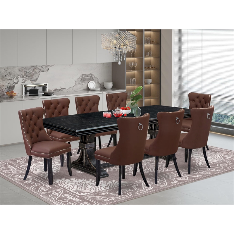 Pemberly Row 9-Piece Kitchen Dining Set with Black Finish in Acacia Wood