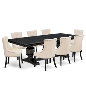 Pemberly Row 9-Piece Black Dining Set with Light Beige Linen Fabric Chairs