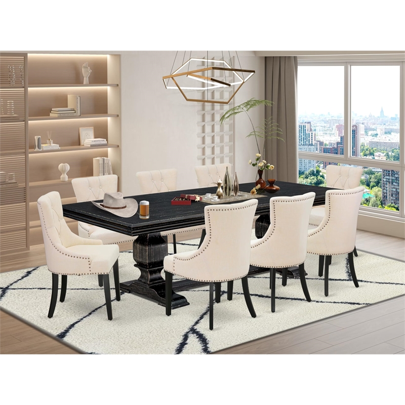 Pemberly Row 9-Piece Black Dining Set with Light Beige Linen Fabric Chairs