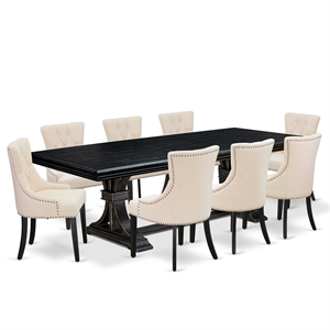 Pemberly Row 9-Piece Black Dining Set with Acacia Wood and Linen Chairs